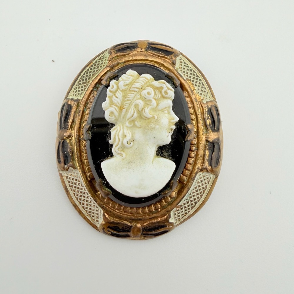 Vintage Cameo Brooch Gold Tone Black Enamel Bow Victorian Style Mourning Pin